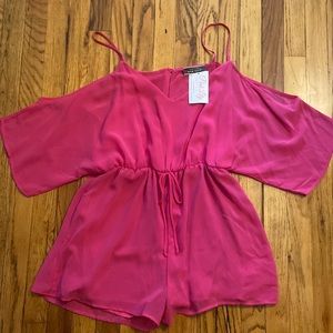Pink Cold Shoulder Tie Waist Romper